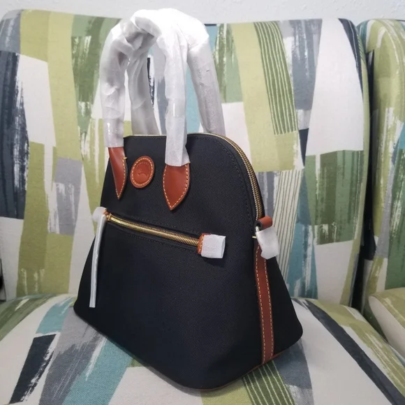 Dooney & Bourke Nylon Domed Satchel Crossbody In Black With Brown Leather Trim